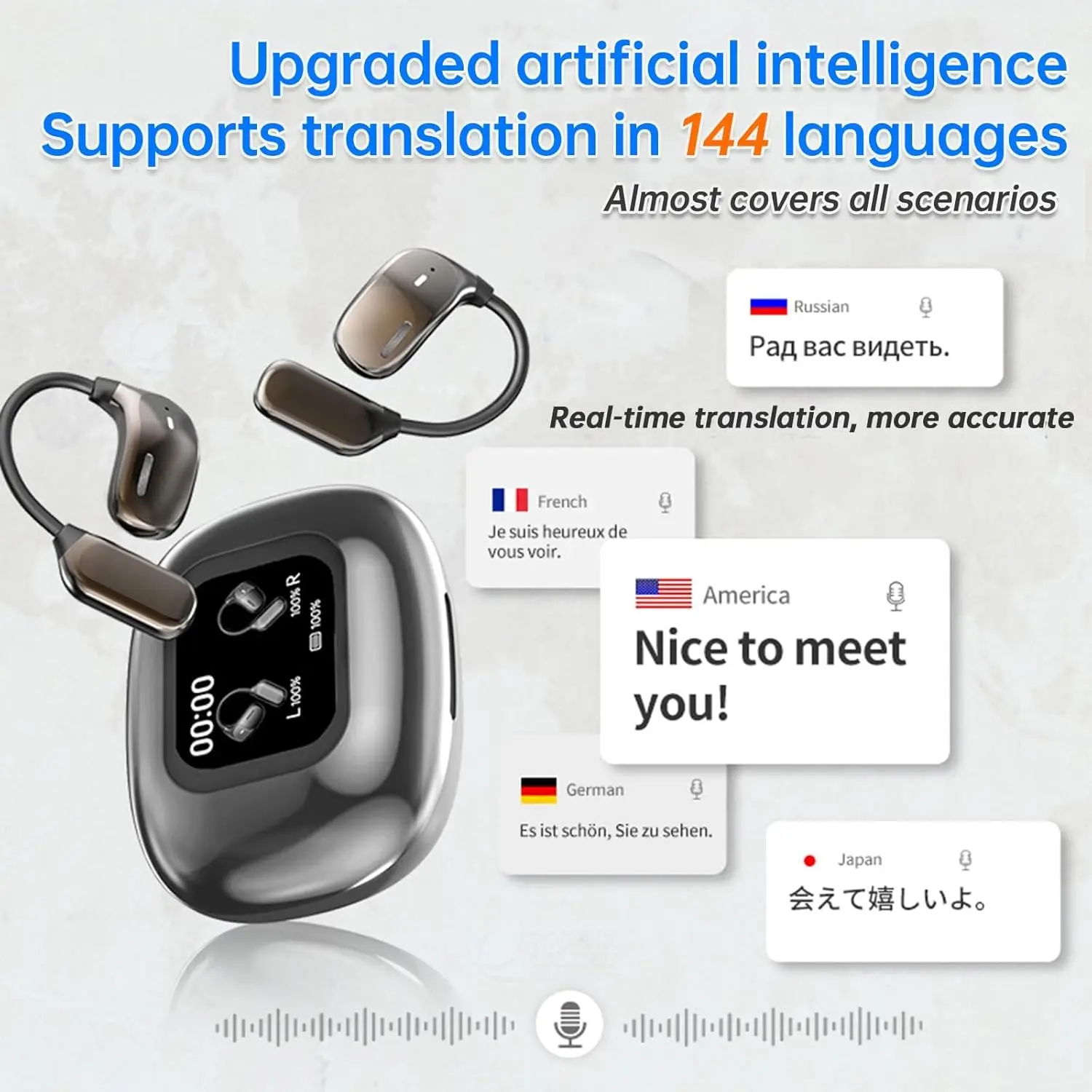 UYUXIO AI Language Translation Earbuds Real Time LCD Touch Screen Open Ear Wireless Headphone with 144 Language for Business - Image 3