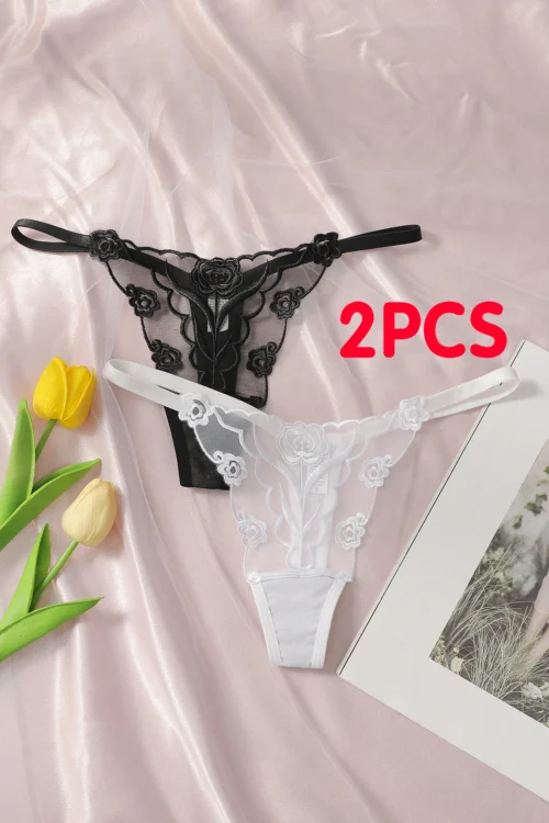 2PCS Elegant Floral Lace Women’s Thong Underwear Seamless Invisible G-string Panties Comfortable Breathable Lingerie for Women