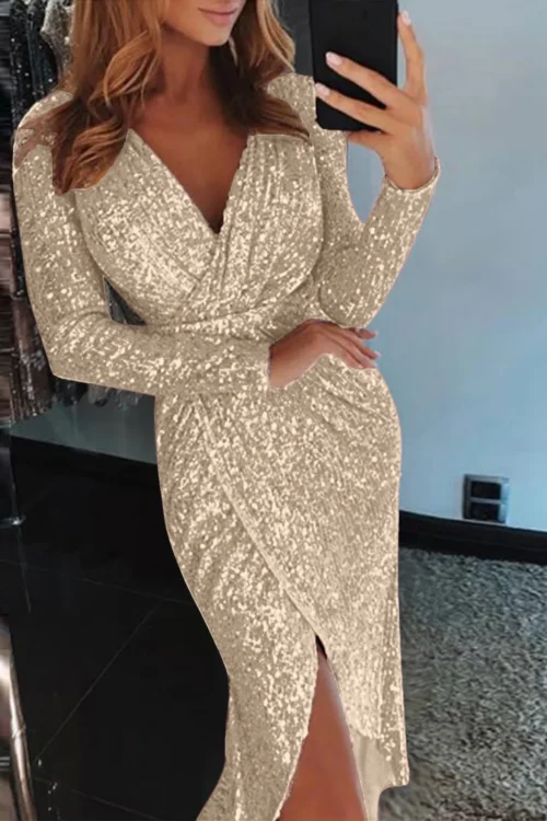 Slim Night Club Party Dress Women Sexy Deep V Sequins Wrap Hip Ruched Long Sleeve Formal Dress Nightclub Performance Costume