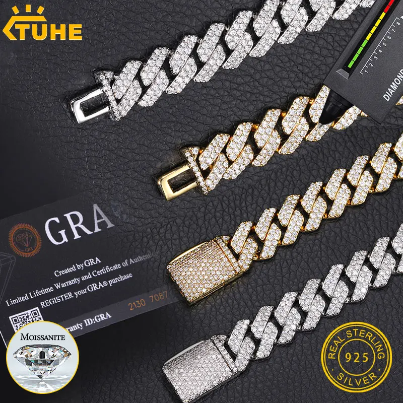 TUHE High quality Unisex VVS1 D Color Moissanite 8mm -18mm Cuban Chain Bracelet S925 Silver For Men Hip Hop Jewelry