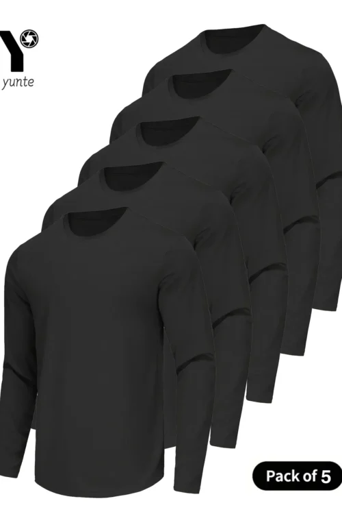Sports Long-Sleeved Black 5-Piece Men’s Round Neck Shirt Quick-Drying Top Fitness Sportswear Casual Outdoor Sportswear Body-Shap