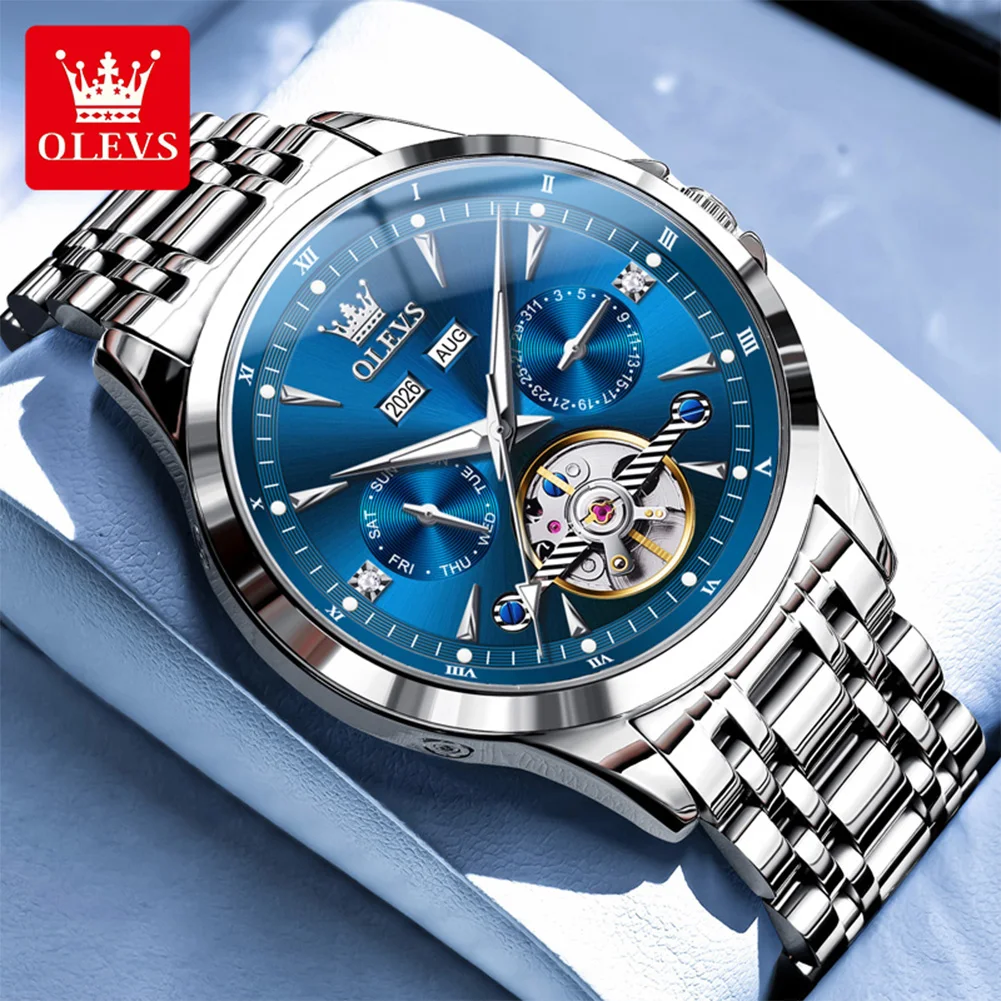 OLEVS 7091 Automatic Men’s Watches Skeleton Flywheel Dual Calendar Stainless Steel Waterproof Luminous Mechanical Watch For Man