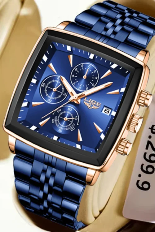 LIGE Top Brand Luxury Mens Watches Fashion Military Square Chronograph Quartz Wristwatches For Men Sports Waterproof Watch Men