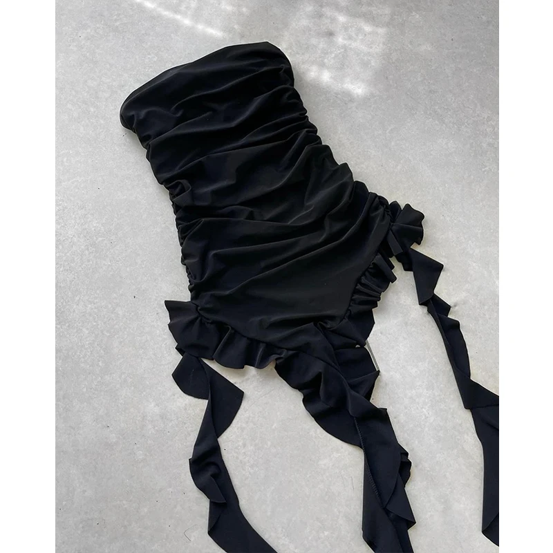 Women Strapless Sexy Floral Fold Hemline High Slit Mini Dress 2024 Solid Backless Sleeveless Black And Pink Party Dress Vestidos - Image 5