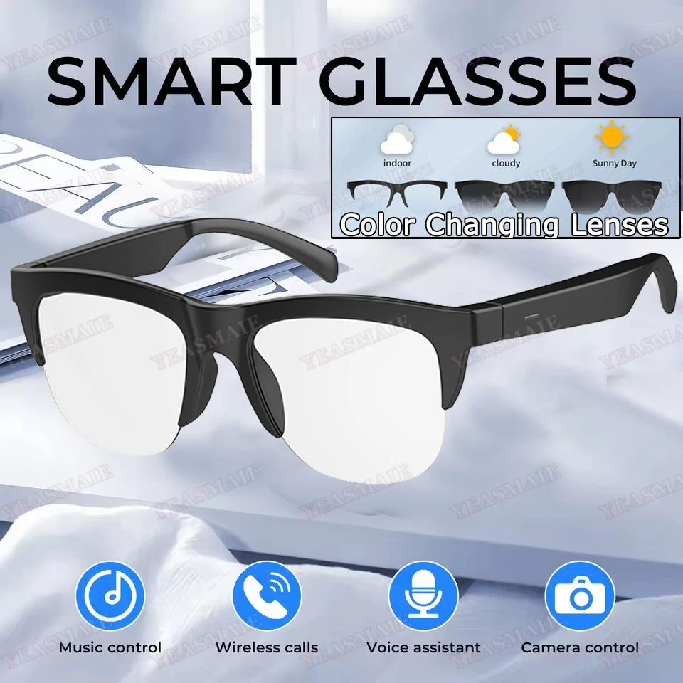 New Outdoor Sports Smart Glasses 2026 Music Control Wireless BT Voice Calls Photosensitive Color Change UV Polarized Sunglasses