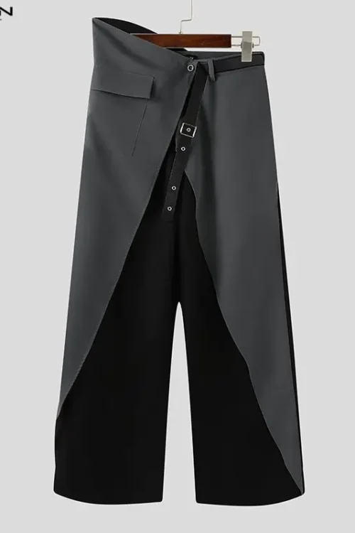 INCERUN Men Irregular Pants Patchwork Button Joggers Loose Trousers Men Streetwear Color-block Fashion Casual Male Long Pants