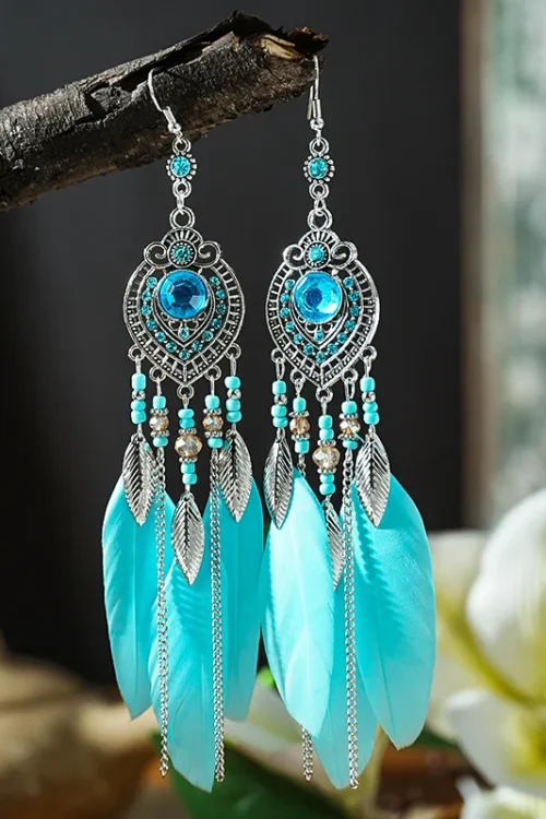 Boho Feather Long Leaf Tassel Drop Earrings For Women Geometric Rhinestone Crystal Beads Handmade Chain Wedding Earrings Jewelry