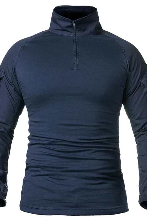 Men’s Long Sleeve Combat Shirt 1/4 Zipper Ripstop Cotton Tactical Shirts Navy Blue Camoufalge Airsoft T Shirts