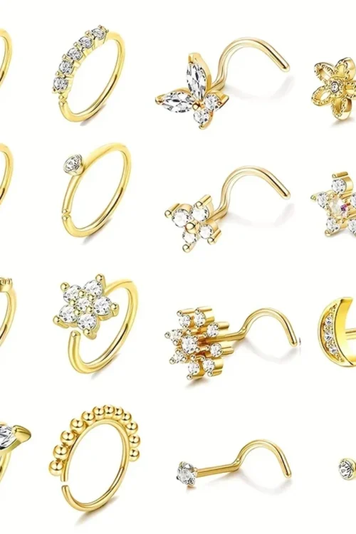 16Pcs 20G Flower Butterfly Nose Rings Hoops,Inlaid Shiny Zircon Nose Screw Nose Body Piercing Jewelry Decoration