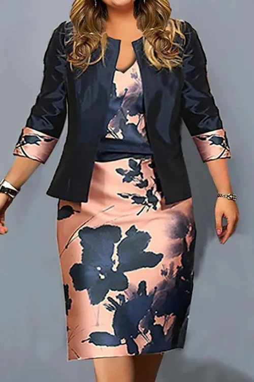 Spring Autumn New Women Dress Suits Casual Simple Solid Cardigan and Print Package Hip Dresses Office Ladies Two Piece Sets