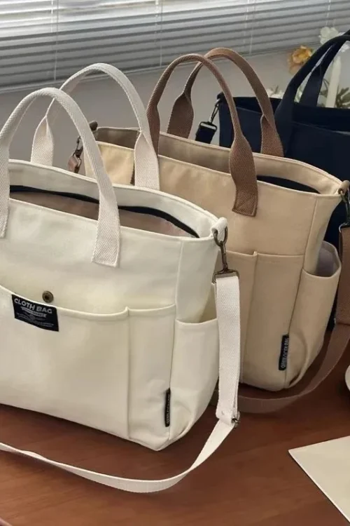 Urban Minimalist Female Student Large Capacity Commuting Horizontal Canvas Single Shoulder Diagonal Cross Portable Tote Bag