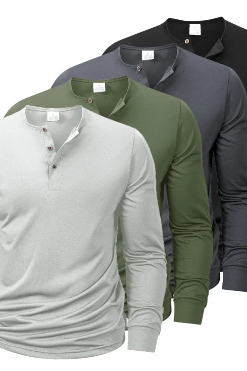 New Men’s Henley T-shirts Long Sleeve Basic Casual Band Collar T Shirts Comfortable Soft Pullover Tops Male Tee