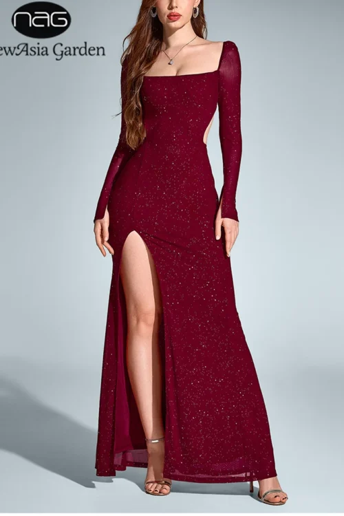 NewAsia Women’s Long Sleeve Cut Out Sequin Long Dress Side Slit Backless Bodycon Fashion Club Party Maxi Dresses Wine