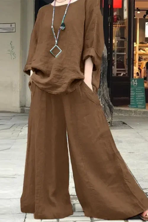 Casual Cotton Linen Set Women’s O Neck Long Sleeve Blouses Wide Leg Pants Culottes 2piece Sets Autumn Retro Loose Female Suit