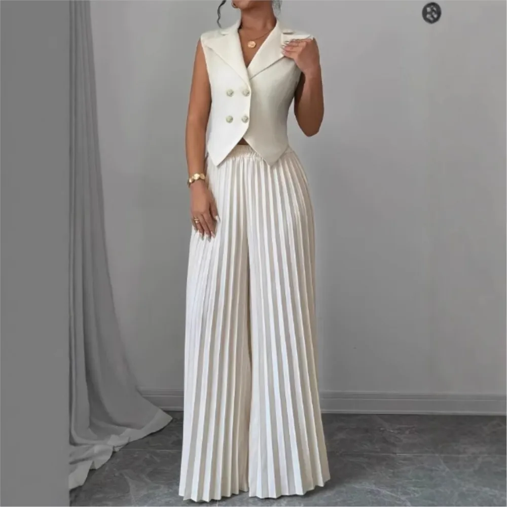 2025 Summer Women's Fashionable Casual Lapel Suit Elegant Commuting Solid Color Sleeveless Top + Trousers Sexy Two-piece Set - Image 3
