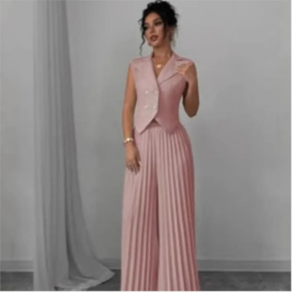 2025 Summer Women's Fashionable Casual Lapel Suit Elegant Commuting Solid Color Sleeveless Top + Trousers Sexy Two-piece Set - Image 4