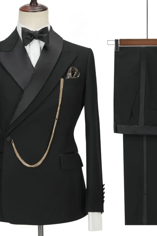 2024 Custom Made Black Groom Tuxedo Peaked Lapel Double Breasted Men Suit Prom Wedding Party Mens Suits Costume ( jacket+Pants)