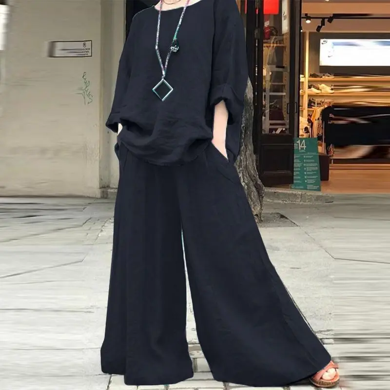Casual Cotton Linen Set Women's O Neck Long Sleeve Blouses Wide Leg Pants Culottes 2piece Sets Autumn Retro Loose Female Suit - Image 3