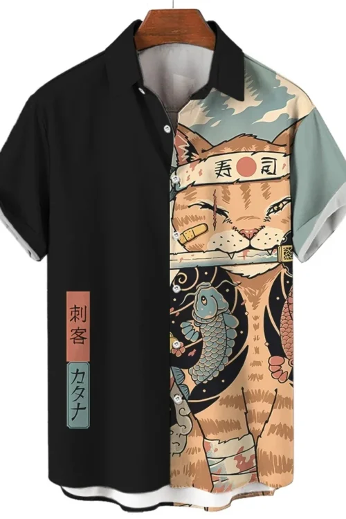 Fashion Men’s Clothing Cool Samurai Cat Tops Summer New Men’s Clothing Casual Short-Sleeved Anime Loose Blouse Hawaiian Shirts