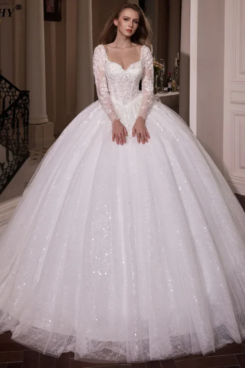 BEPEITHY Customized Princess Glitter Ivory Wedding Dresses Women Full Sleeves Lace Ball Bridal Gown Court Train 2025 Sweetheart