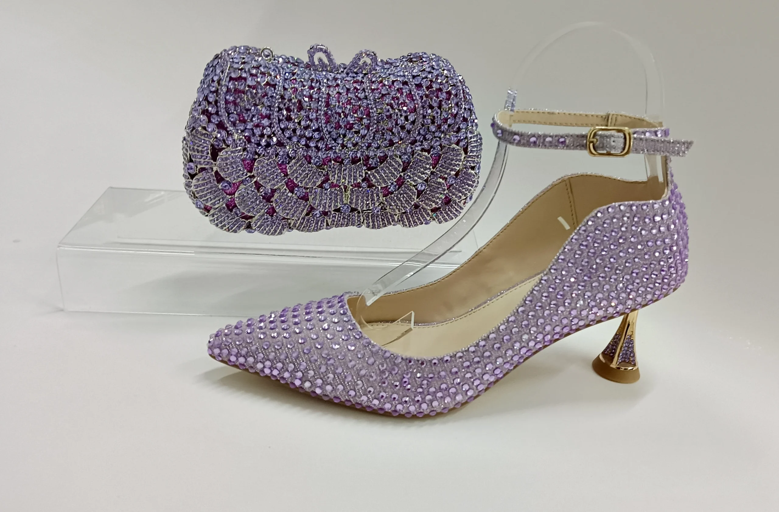 INSIGHTLINK Women's Lavender Rhinestones high heeled Shoes With Clutch Bag Crystal high-heeled Stiletto sandals Wedding shoes - Image 3