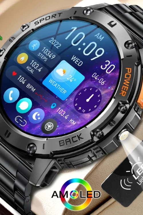 For Android ios New AMOLED Smart Watch Men with Flashlight Sports Waterproof Fitness Tracker Bluetooth Call Smartwatch Man+Box