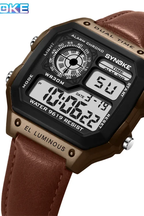 SYNOKE Belt Watch Men Outdoor Sports Multifunctional Waterproof Luminous LED Digital Watch PU Leather For Men Retro Fashion
