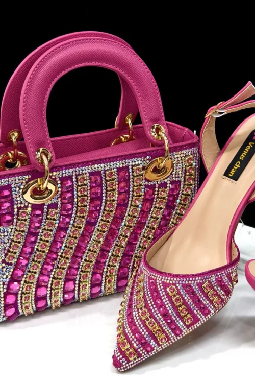 2025 Shiny Italian Fashion Pointed Toe Women Heel Fashion Rhinestone Decoration Fuchsia Color Shoes And Bag Set