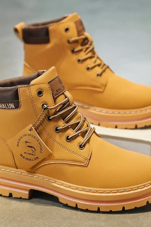 Classic Men High Top Boots High Quality Yellow Leather Boots Fashion Outdoor Sneakers Men Lace Up Non-Slip Ankle Boots for Men