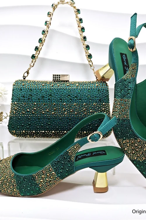 QSGFC Nigerian Women Heel Party Ladies Italian Design Green Shoes And Bag Set Decorated with Rhinestone Handbag Wedding Party