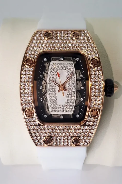 2025 Fashion Rose Iced Watch Women Casual Silicone Strap Dress Full Diamond AAA Tonnneau Quartz Watches For Ladies Dropshipping