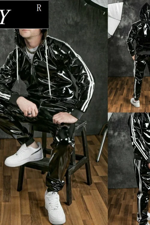 Men’s and women’s PU leather Hoodie suit leisure sportswear Hoodie jogging suit sportswear men’s suit bright leather sportswear
