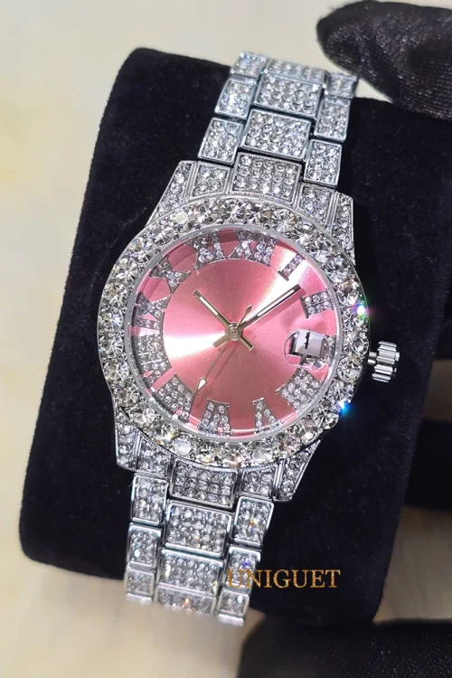 Elegant Women’s Watch Pink Small Dial Fashion Dresses Diamond Watch For Ladies Luxury BlingBling Iced Mini Wristwatches Gift