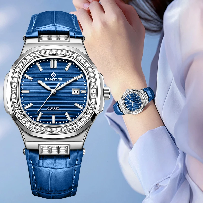 New Fashion BANGWEI Elegant Luxury Quartz Woman Watch Simple Dial Diamond Retro Leather Date Waterproof Luminous Women’s Watches