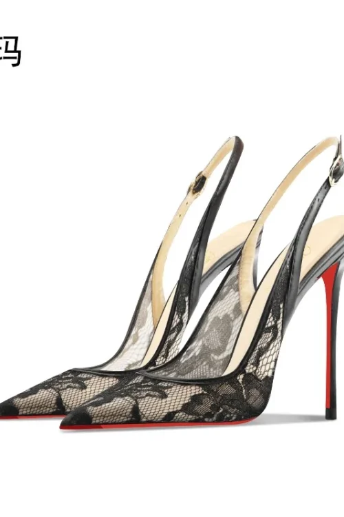 Black lace high-heeled sandals for the summer of 2025, new pointed, thin heel,shallow mouth,comfortable professional single shoe