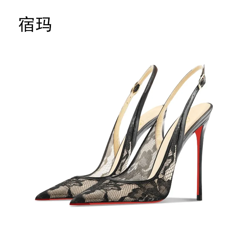 Black lace high-heeled sandals for the summer of 2025, new pointed, thin heel,shallow mouth,comfortable professional single shoe