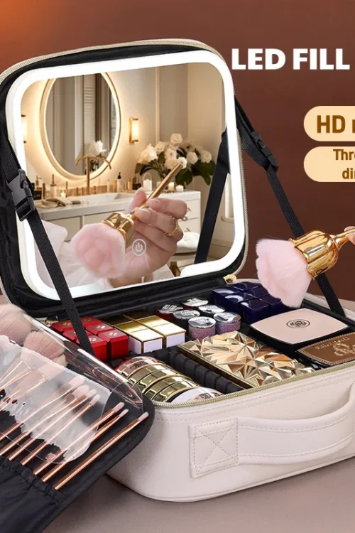 Travel LED Cosmetic Case With Light and Mirror Makeup Bag Large Capacity Premium Portable Cosmetic Bag Detachable Partition Bag