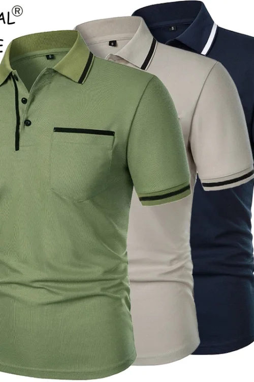 New Men’s Short Sleeve Polo Shirts Solid Color Casual T-shirt Summer Trendy Breathable Loose Basic Splice Top Pockets Men Shirts