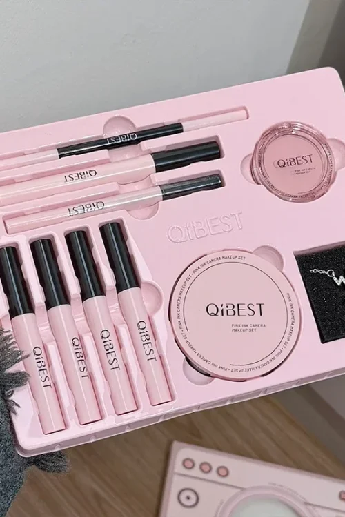QIBEST 9PC Makeup Sets 4PC Lip Mud,1 Pressed Powder,1 Blush,1 Eyeliner,1 Mascara,1 Eyebrow Pencil Camera Look Cosmetics Kits