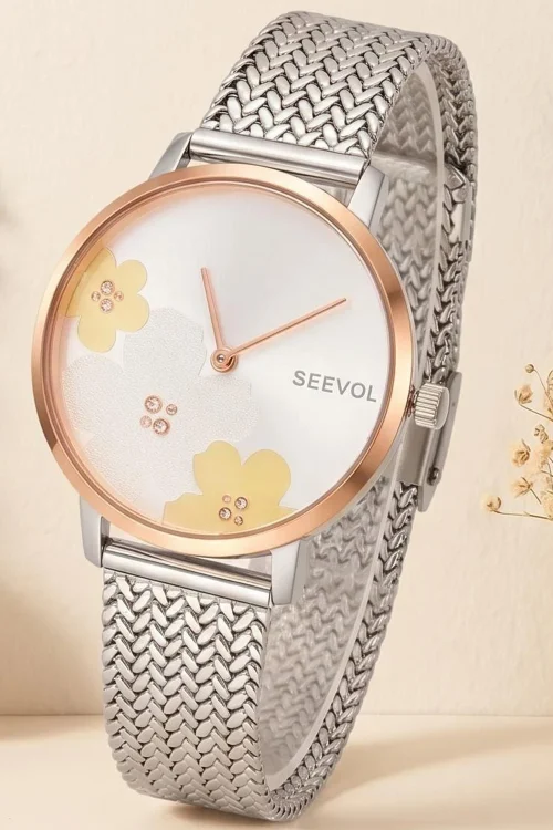 Women Quartz Watch Wheat Weave Mesh Strap Wristwatch with 35mm Flower Dial 6mm Ultra Thin Stainless Steel Case Ladies Gift 3 Bar
