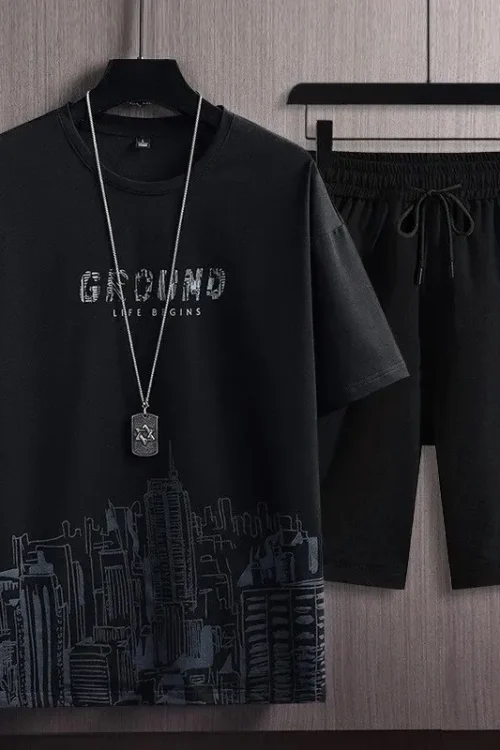 Summer Men’s Casual Sports Suit City Printed Sports Outdoor Jogging Sweatshirt Sweatpants Breathable Quick Drying 2 Piece Suit