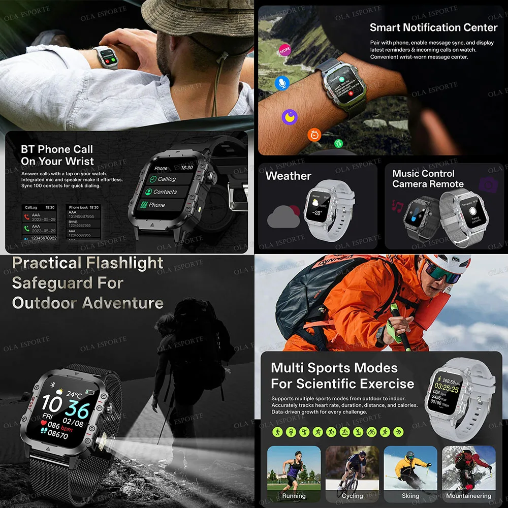2025 New Flashlight Military Smart Watch Men IP68 5ATM Outdoor Sports Fitness Tracker Health Monitor 1.44Inch BT Call Smartwatch - Image 3