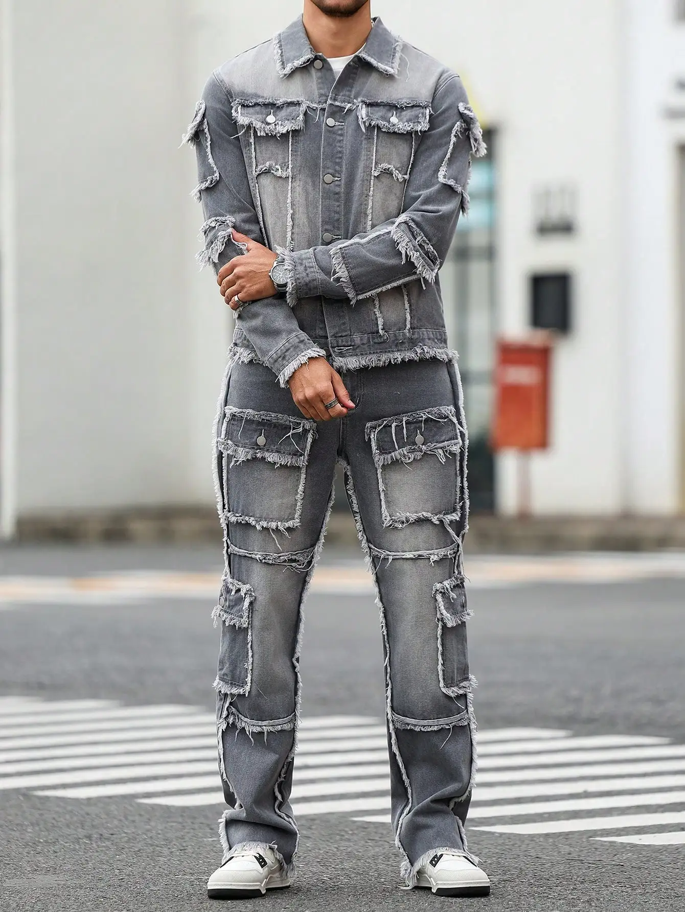 Men's Street Style Casual Distressed Raw-Hem Grey Denim Set, a minimalist and fashionable two-piece ensemble. - Image 5
