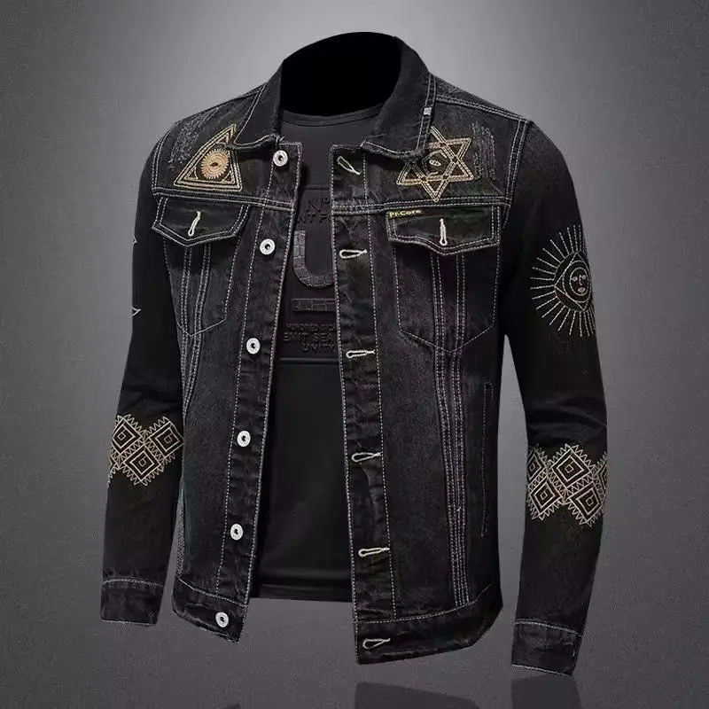 New Spring and Autumn Men's Denim Jacket Classic Retro Embroidered Lapel Motorcycle Jacket Trendy Fashion Loose Casual Denim Top - Image 3