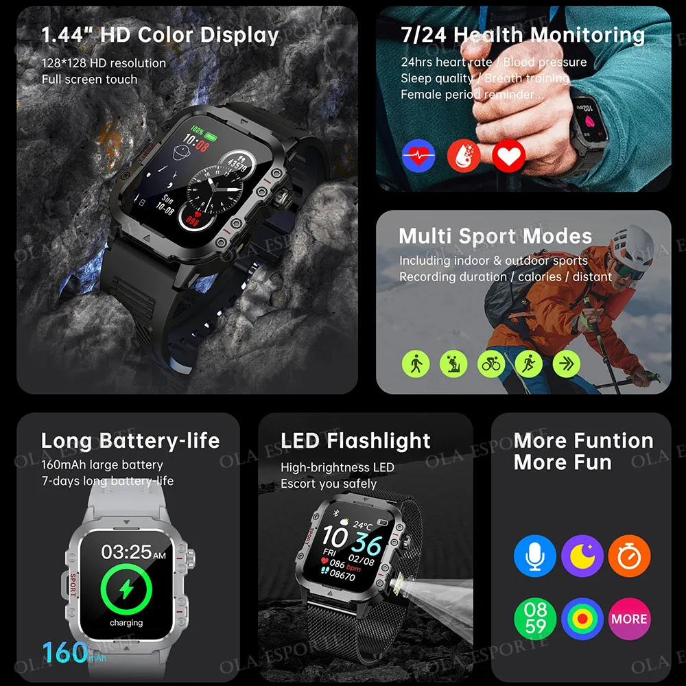 2025 New Flashlight Military Smart Watch Men IP68 5ATM Outdoor Sports Fitness Tracker Health Monitor 1.44Inch BT Call Smartwatch - Image 2