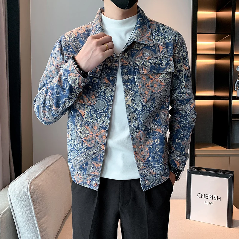 2026 New Men's Washed Denim Jacket with Ethnic Pattern Casual Streetwear Slim Fit Coats - Image 2