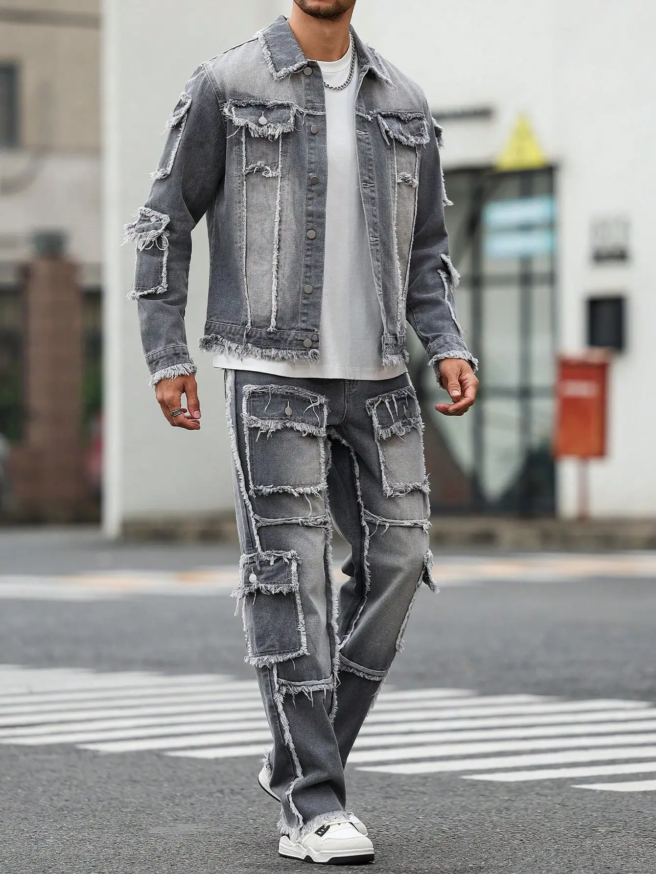 Men's Street Style Casual Distressed Raw-Hem Grey Denim Set, a minimalist and fashionable two-piece ensemble. - Image 6