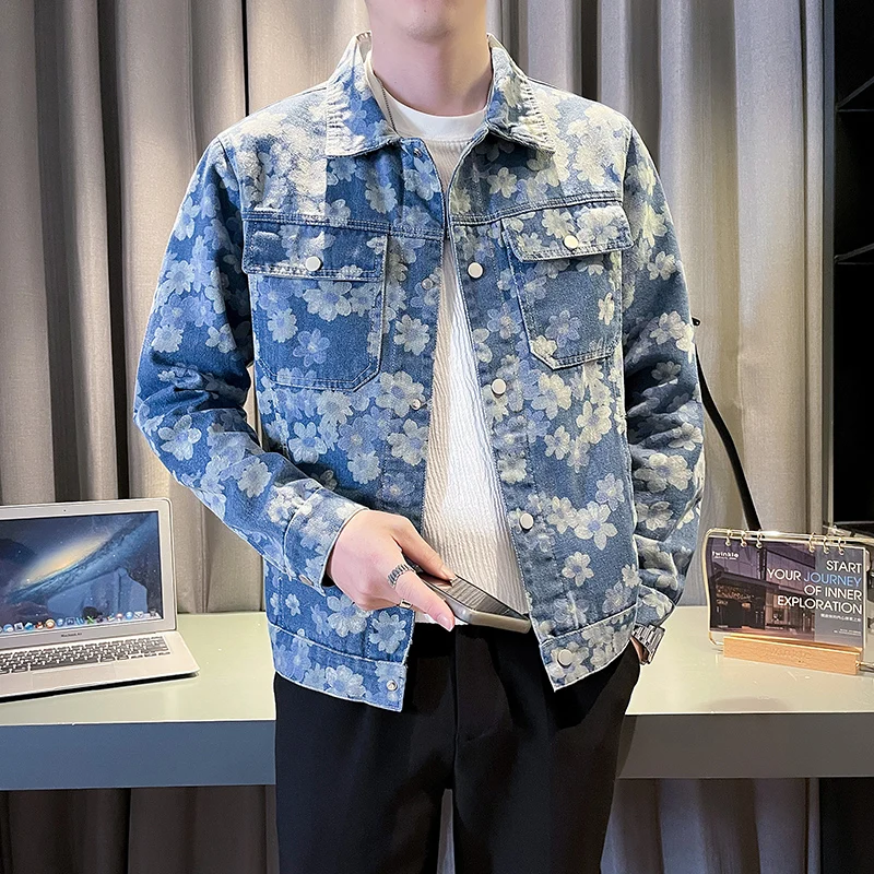 2026 New Men's Washed Denim Jacket with Ethnic Pattern Casual Streetwear Slim Fit Coats - Image 6