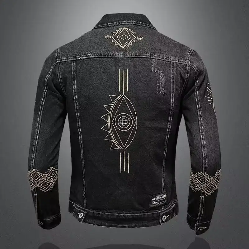 New Spring and Autumn Men's Denim Jacket Classic Retro Embroidered Lapel Motorcycle Jacket Trendy Fashion Loose Casual Denim Top - Image 2
