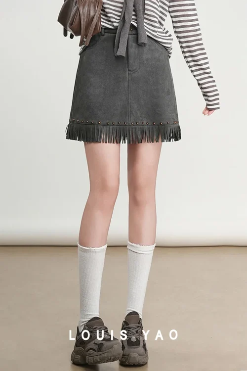 LOUIS YAO Tassels Rivet A-line Half Skirt 2025 Autumn Short Skirts Fashionable and Gentle Casual Women’s Half Skirt